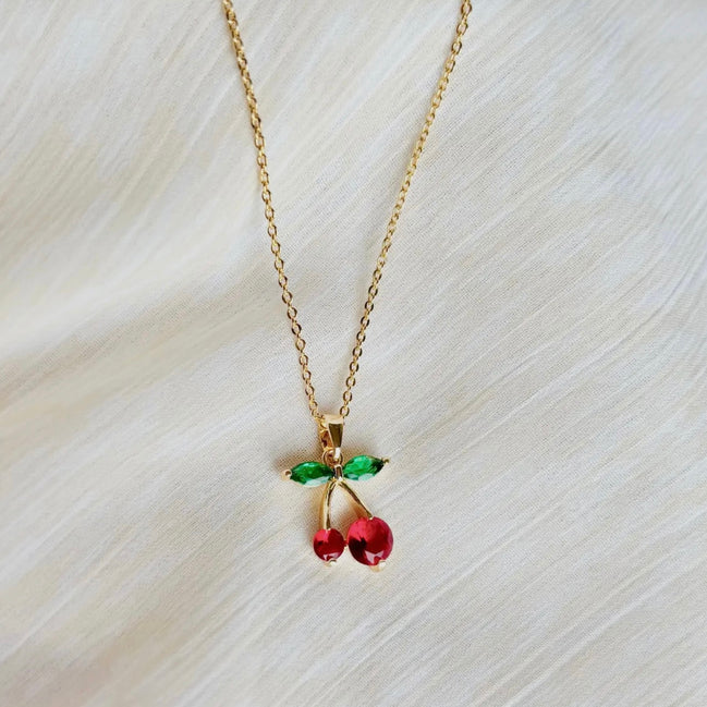 Cherry Necklace | Gold | Crystal Cherry Charm Necklace