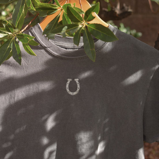 Vintage Horseshoe Boxy Tee | Comfort Colors | Washed Charcoal Embroidered Lucky Tee