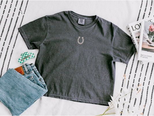 Vintage Horseshoe Boxy Tee | Comfort Colors 3023CL | Washed Charcoal Embroidered Lucky Tee